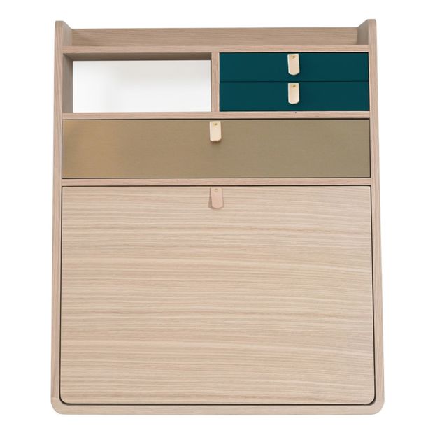 Escritorio de pared Gaston de roble 60 cm, Florence Watine - Azul petróleo y latón pulido-product