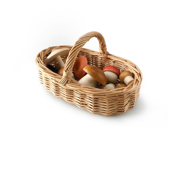 Wooden Mushrooms and Rattan Basket-product