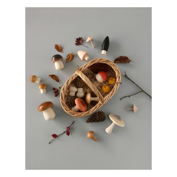 Wooden Mushrooms and Rattan Basket-product