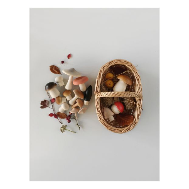 Wooden Mushrooms and Rattan Basket-product
