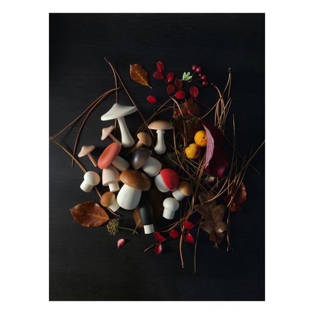 Wooden Mushrooms and Rattan Basket-product