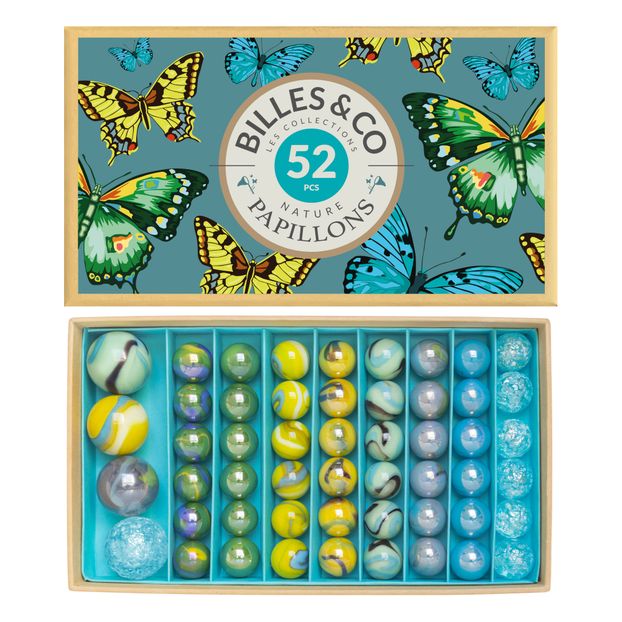 Kasten mit 52 Glasmurmeln Schmetterlinge-product