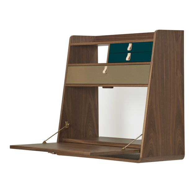 Bureau mural Gaston en noyer 80 cm, Florence Watine - Bleu pétrole et laiton brossé-product