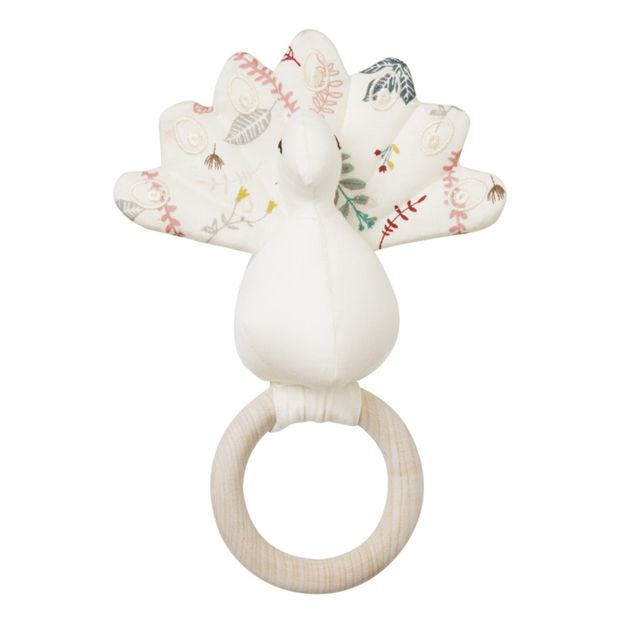 Hochet Pressed Leaves en bois et coton bio Paon-product