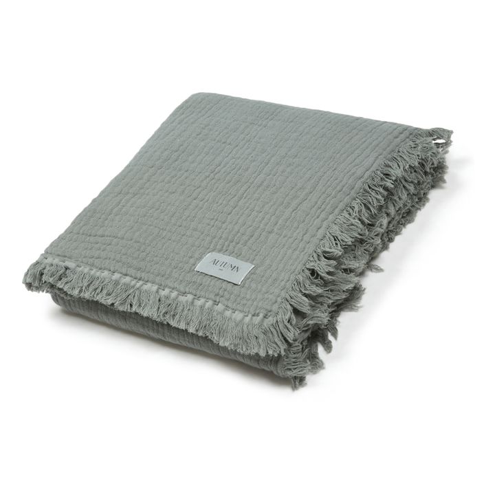 Plaid Loulou con frange, in doppia garza di cotone bio | Verde foresta- Immagine del prodotto n°2