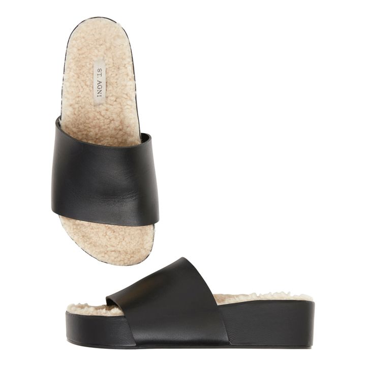 Sandali con plateau, foderati in pelliccia, in pelle Nero- Immagine del prodotto n°7