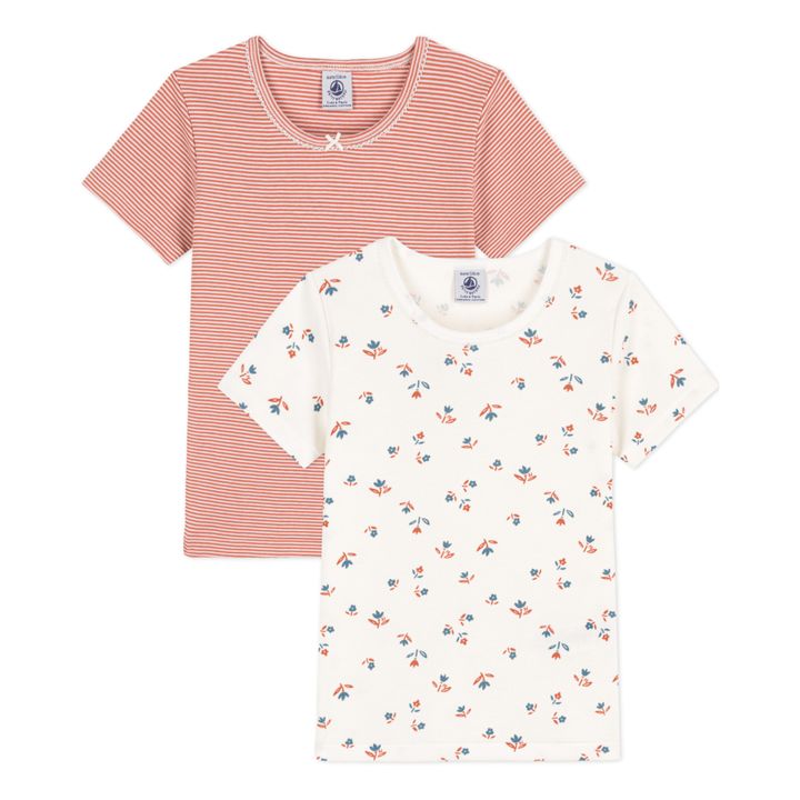 Lot 2 T-Shirt Coton Bio Fleuris Ecru- Image produit n°0