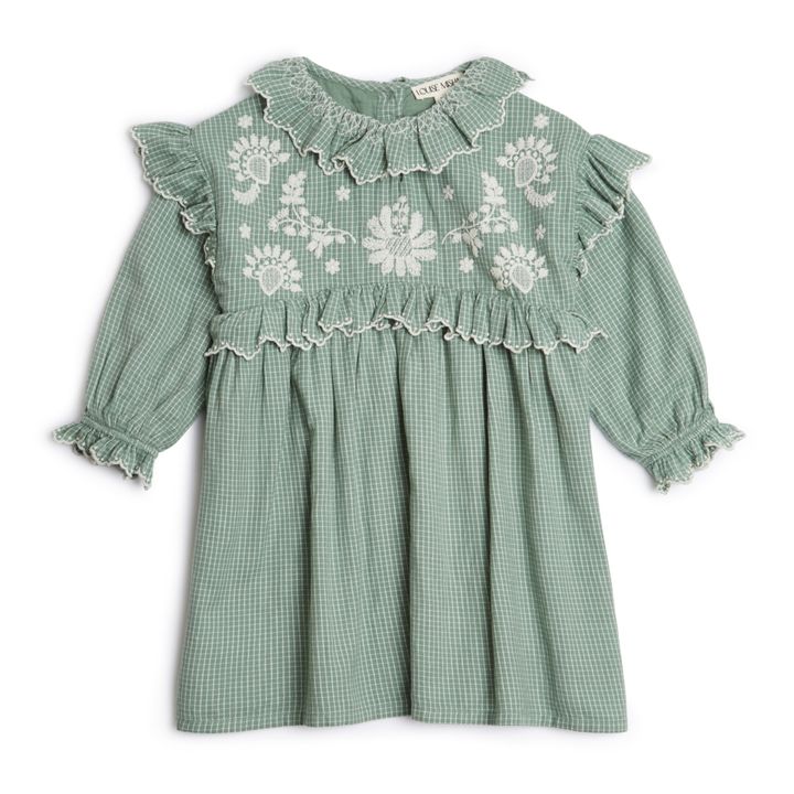 Robe Coton Bio Carreaux Brodée Main Illi Sauge- Image produit n°0