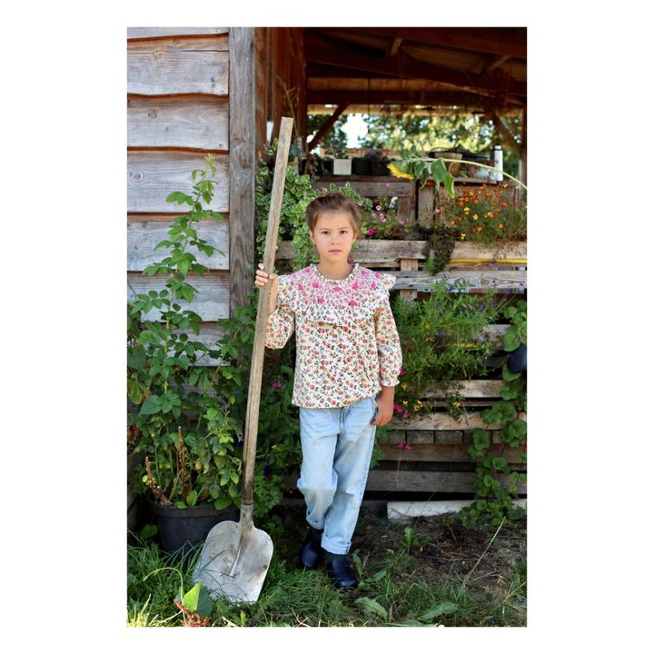 Hand Smocked Floral Print Corduroy Blouse | Ecru- Product image n°1