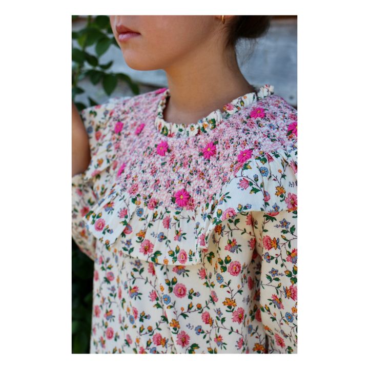 Blouse Velours Côtelé Fleurie Smockée Main | Ecru- Image produit n°2