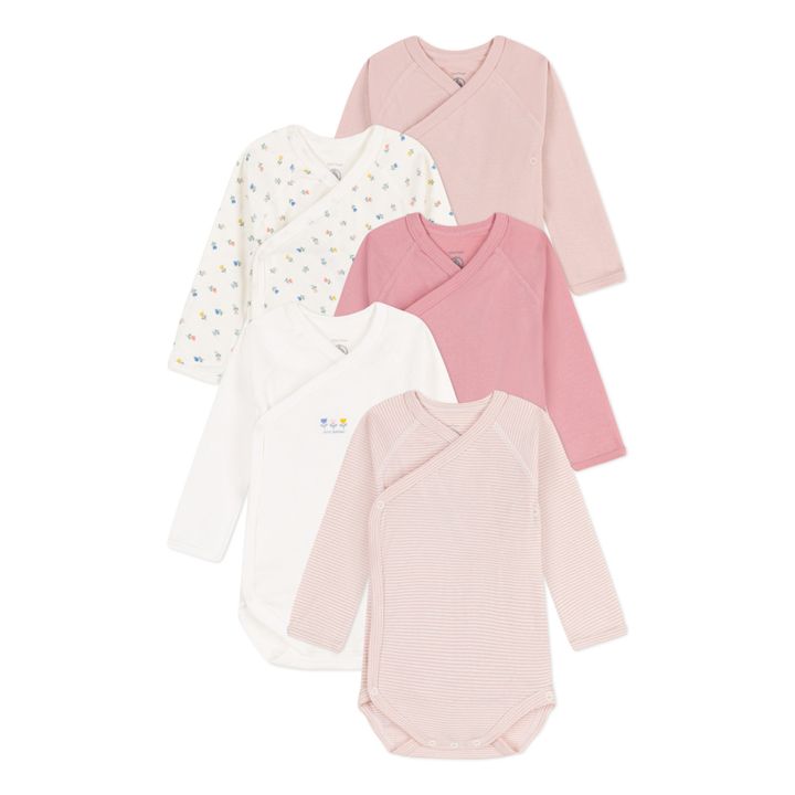 Organic Cotton Long Sleeve Wrap Front Babygrows - Set of 5 | Rosa- Imagen del producto n°0
