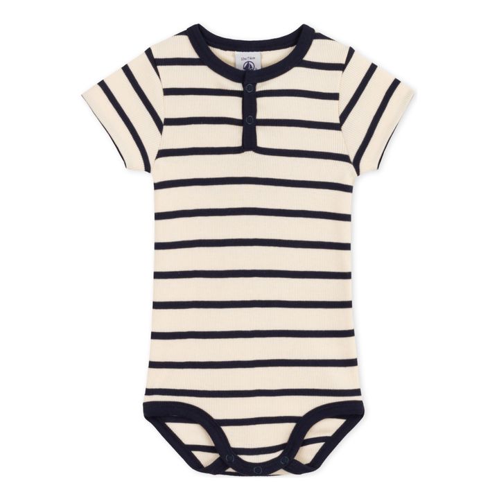 Body kurzärmelig Rippstrick gestreift | Beige- Produktbild Nr. 0