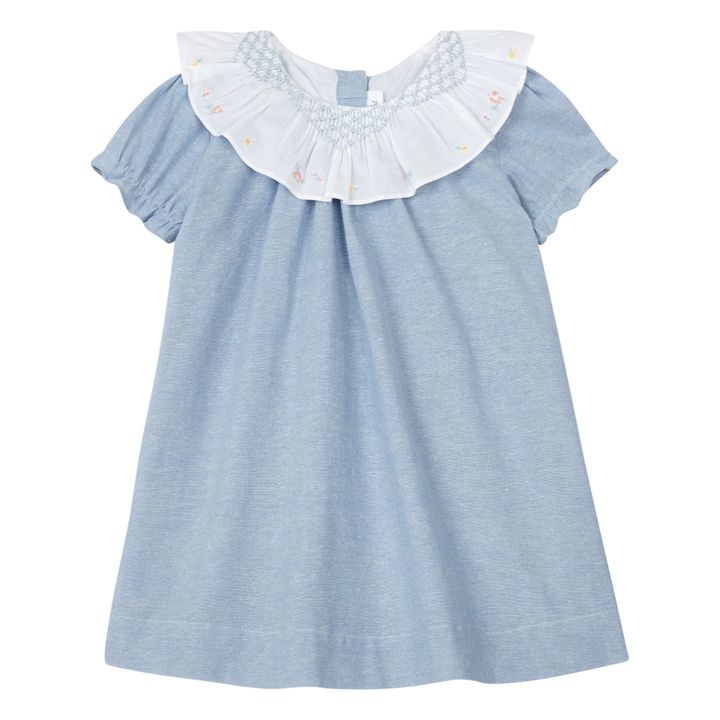Vestido con cuello fruncido bordado a mano | Azul- Imagen del producto n°0