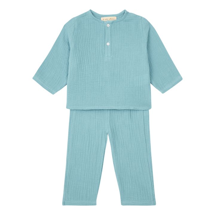 Organic Cotton Gauze Pajamas Top + Pants | Verde agua- Imagen del producto n°0