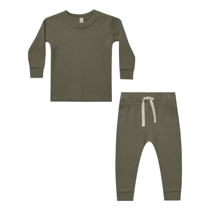T-Shirt + Pantalon Coton Bio Gaufré | Dunkelgrün- Produktbild Nr. 0