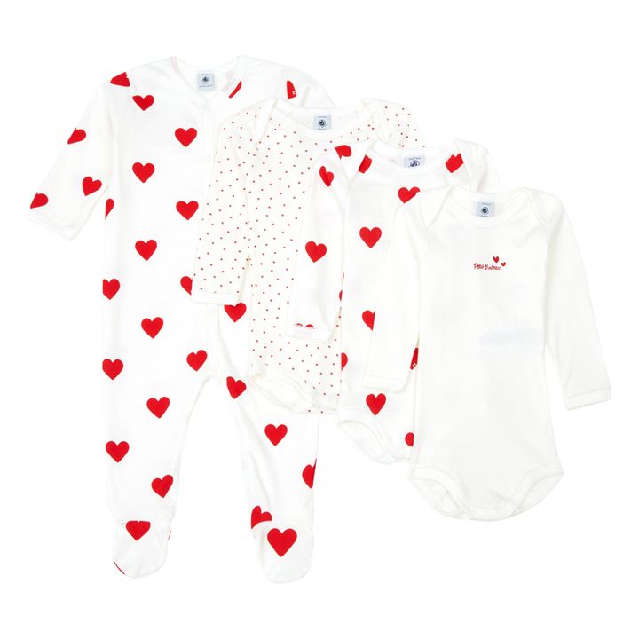 Lote de 3 Bodies + Pijama Corazones Algodón Ecológico | Blanco- Imagen del producto n°0