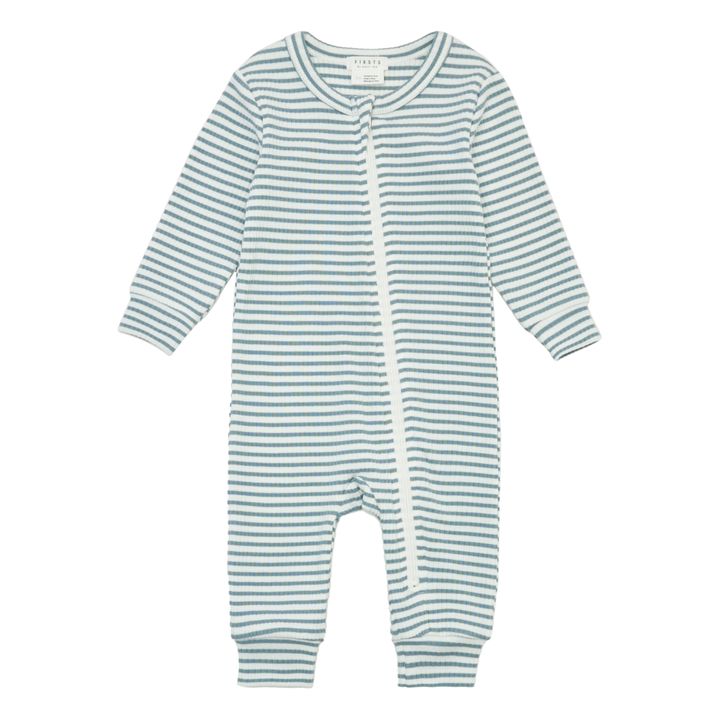 Pijama de una pieza de canalé a rayas | Azul Turquesa- Imagen del producto n°0