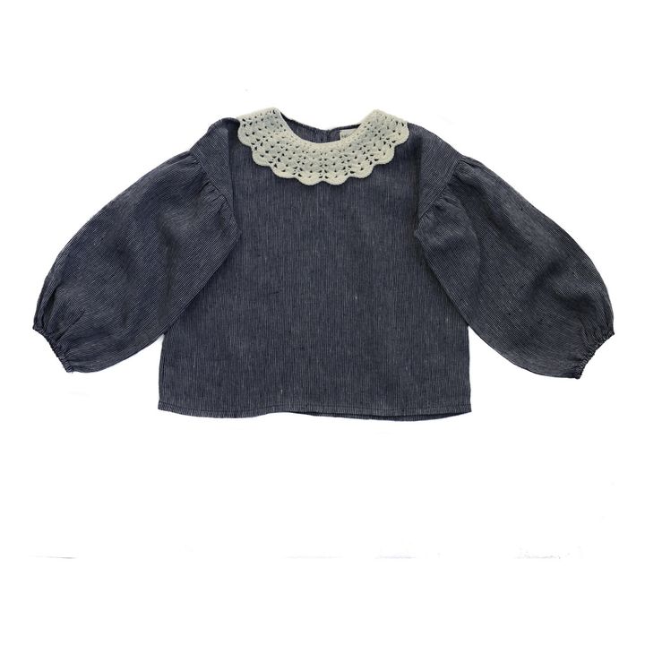 Camicetta Lino Colletto all'uncinetto Merino Silvia | Blu- Immagine del prodotto n°0