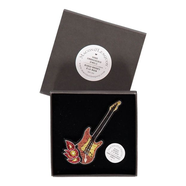 Hand Embroidered Guitar on Fire Brooch Brown-product