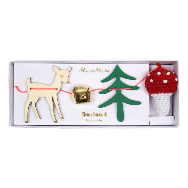 Bell, Crochet Mushroom, Reindeer and Wooden Christmas Tree Garland-product