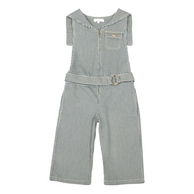 Salopette in denim a righe con collo alla marinara-product