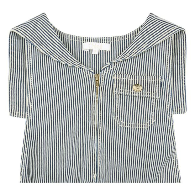 Salopette in denim a righe con collo alla marinara-product