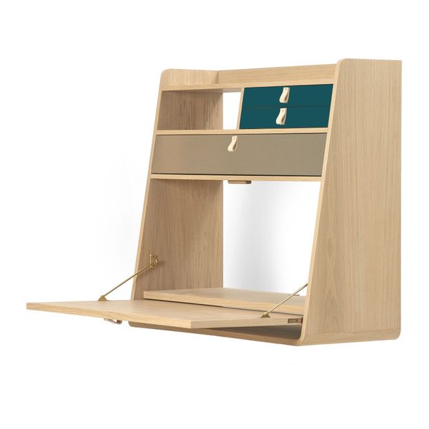 Gaston Wall Mounted Oak Desk - 80cm Florence Watine - Petrol Blue and Brushed Brass-product