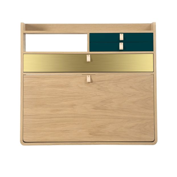 Gaston Wall Mounted Oak Desk - 80cm Florence Watine - Petrol Blue and Brushed Brass-product
