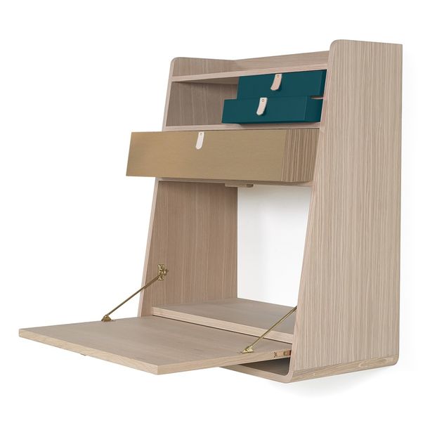 Bureau mural Gaston en chêne 60 cm, Florence Watine - Bleu pétrole et laiton brossé-product