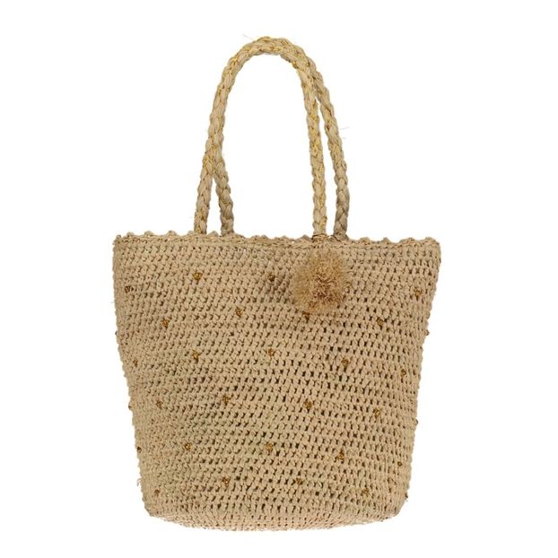 Crochet Straw Tote With Gold Plumetis Details-product