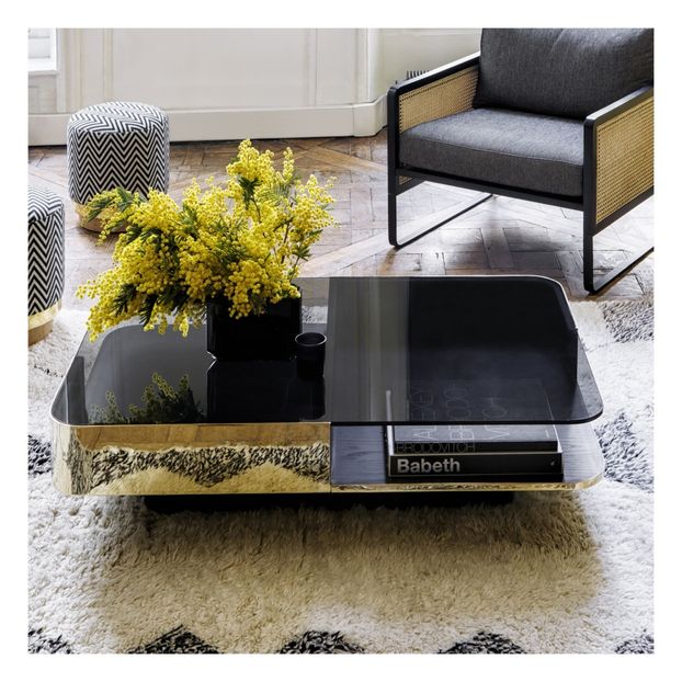 Table basse Lounge, plateau en verre fumé, piètement en chêne-product