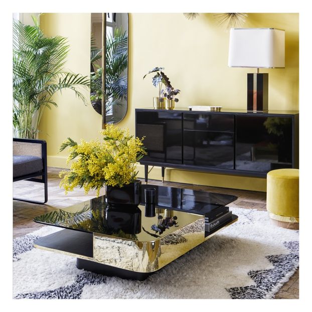 Table basse Lounge, plateau en verre fumé, piètement en chêne-product