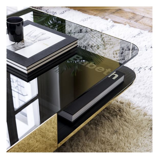 Table basse Lounge, plateau en verre fumé, piètement en chêne-product