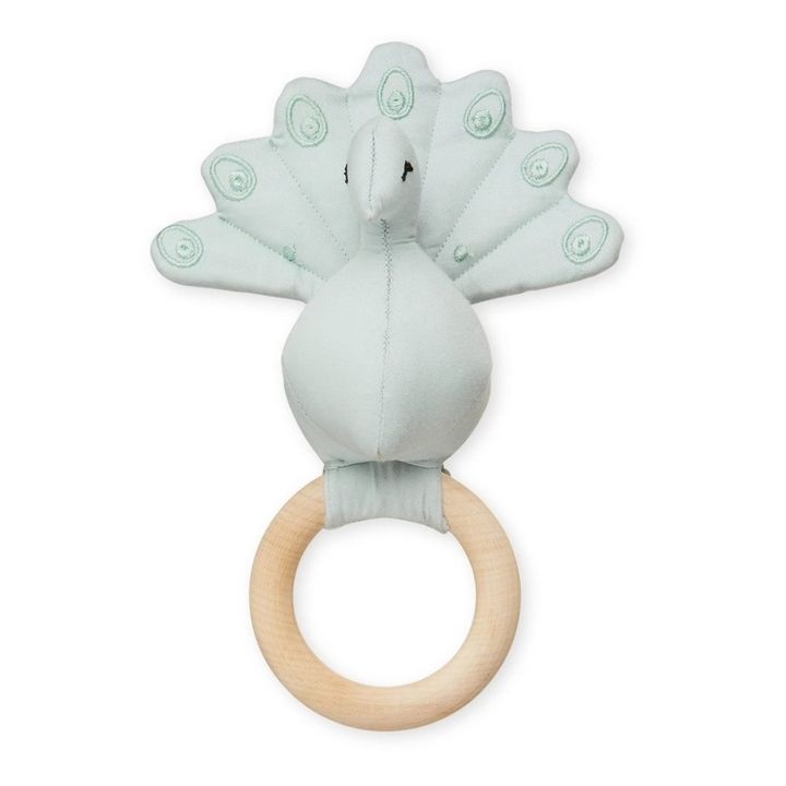 Hochet en bois et coton bio paon | Bleu ciel- Image produit n°0