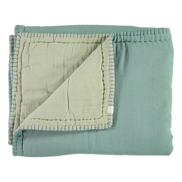 Couverture ouatinée bicolore brodée main en coton-product