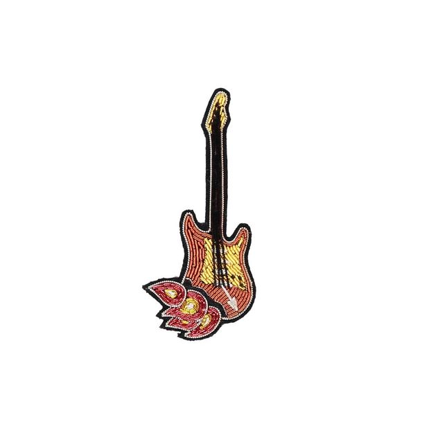 Hand Embroidered Guitar on Fire Brooch Brown-product