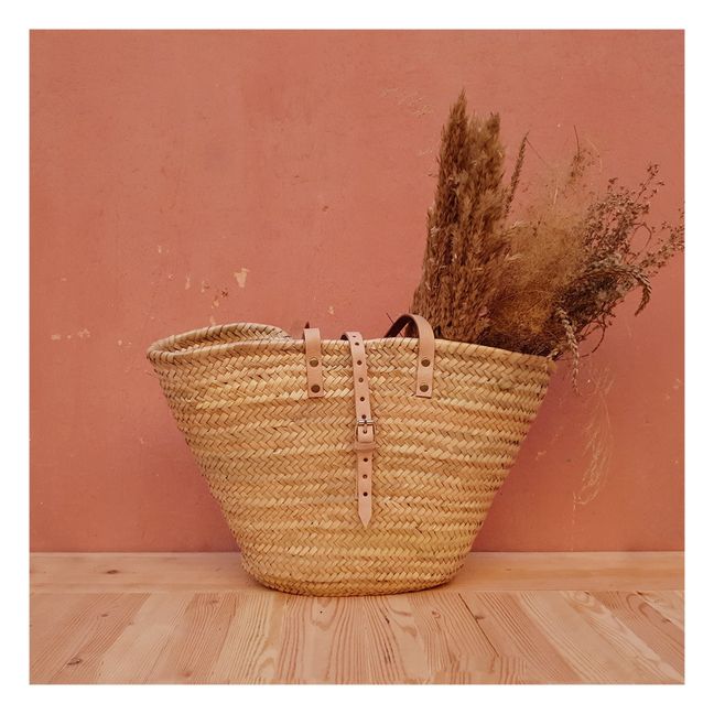 Basket tote bag with leather strap