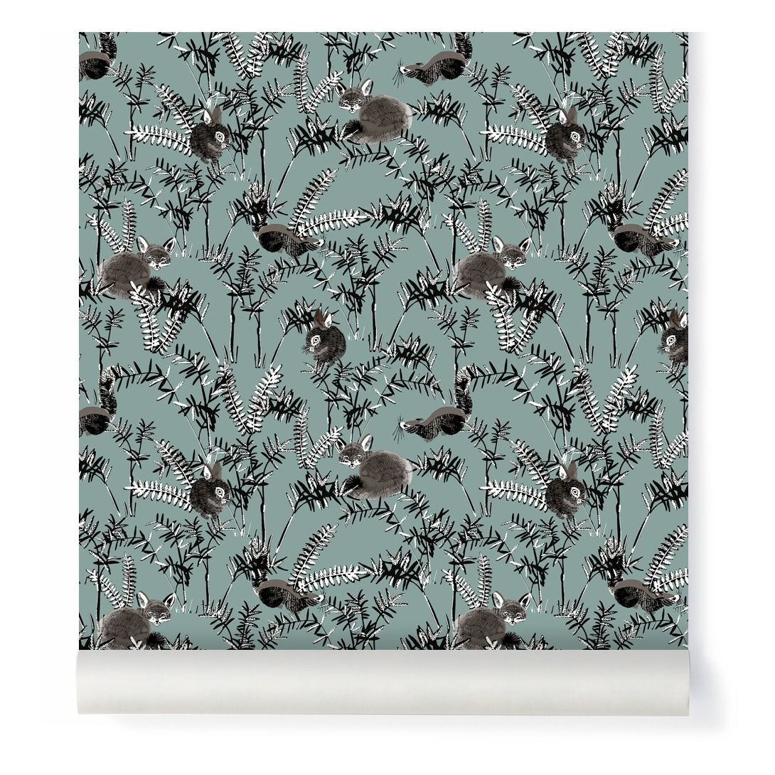 Fox and Roses - Papier-peint intissé Boisjoli - Vert de gris