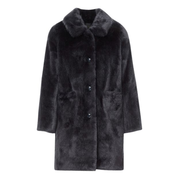 Navy Blue Faux Fur Coat with a Classic Collar Navy Blue Faux Fur Coat with a Classic Collar