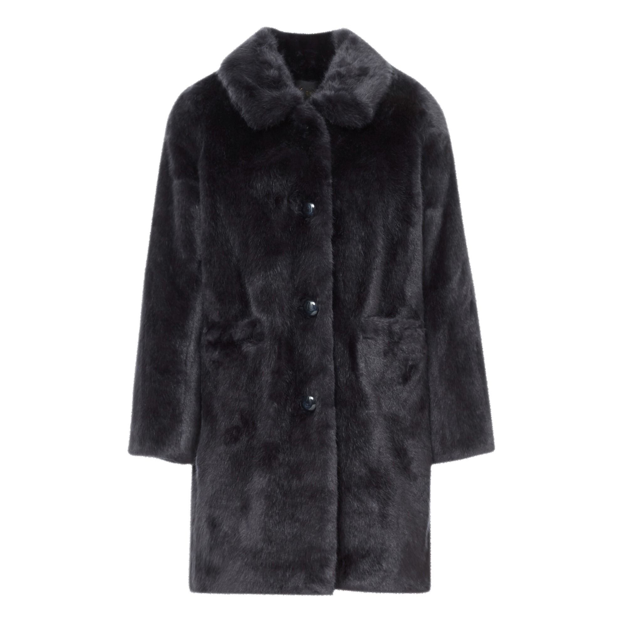 Navy Blue Faux Fur Coat with a Classic Collar Navy Blue Faux Fur Coat with a Classic Collar