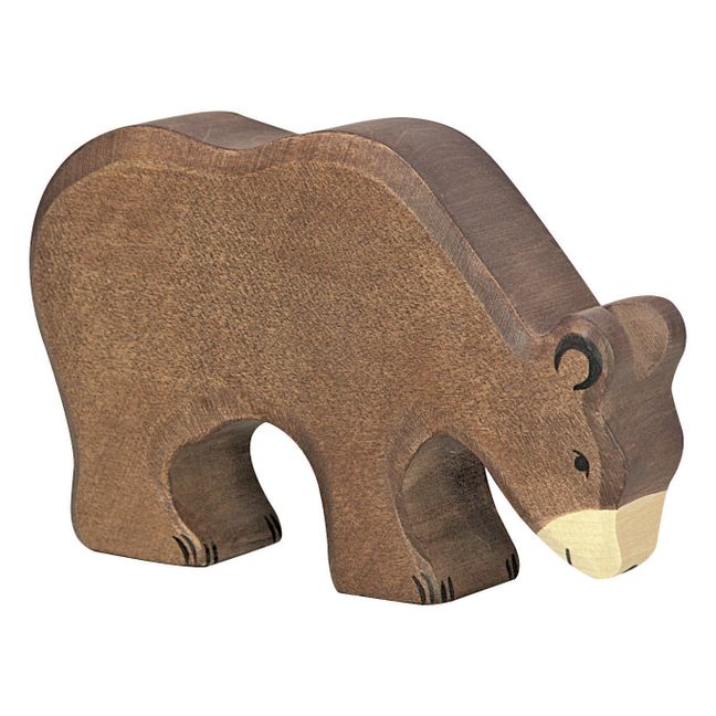 Figurine en bois ours brun mangeant Marron