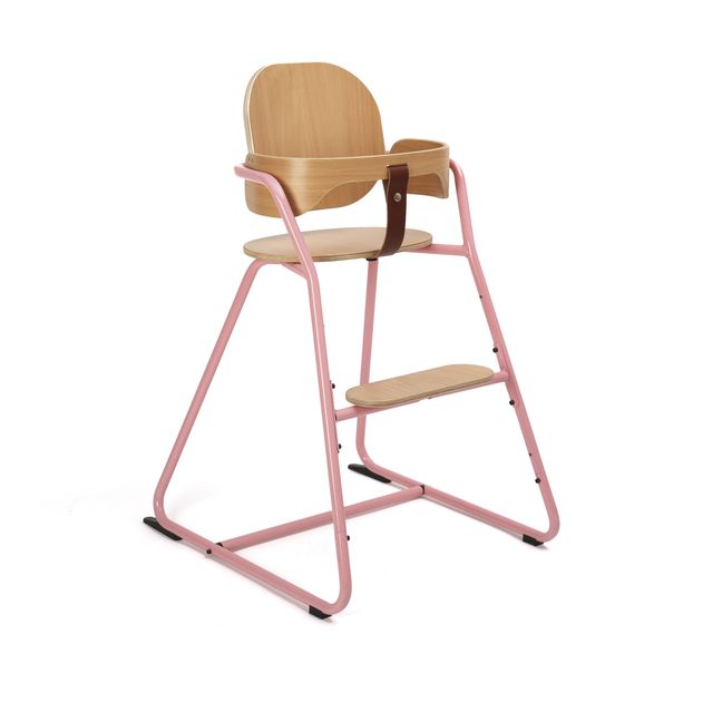 Chaise haute avec tablette Tibu, structure métal et bois, entre-jambe en cuir Rose
