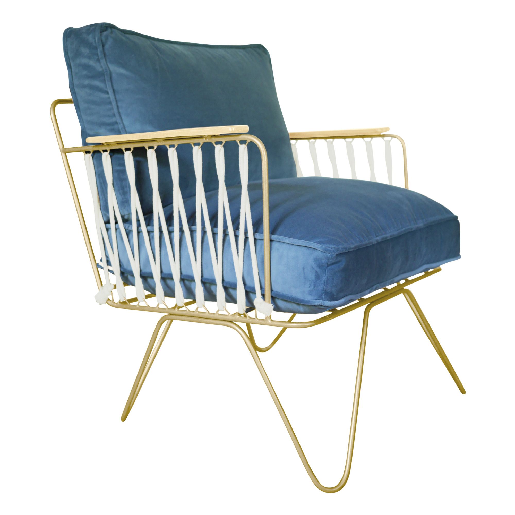 Honoré - Fauteuil Croisette doré mat epoxy, velours - Bleu céladon
