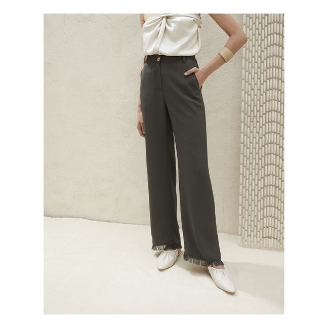 Pantalon droit à finition frangée Theo | Vert foncé