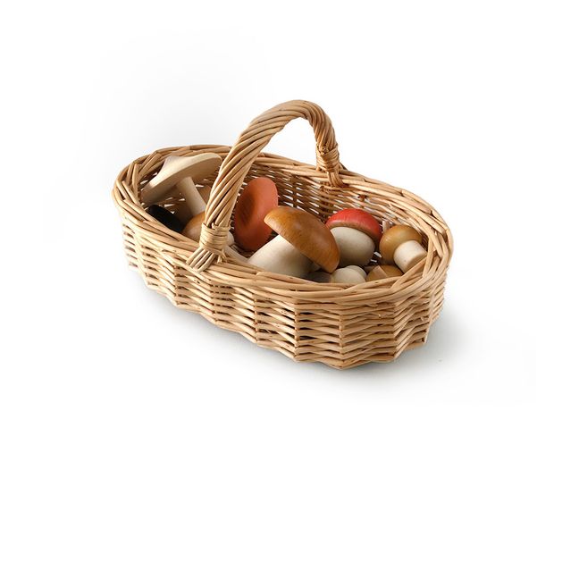 Wooden Mushrooms and Rattan Basket