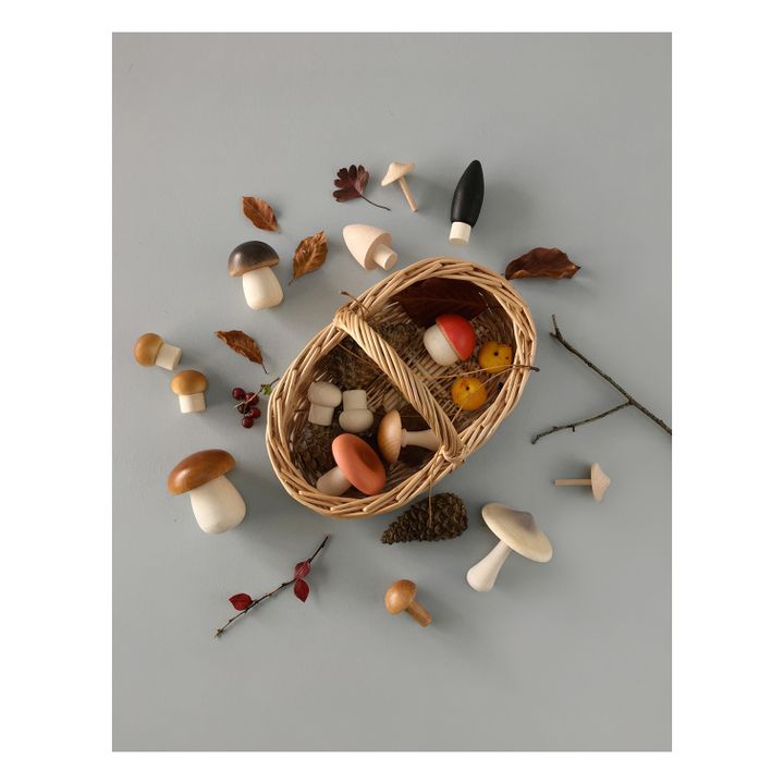 Champignons en bois et son panier en rotin- Image produit n°1