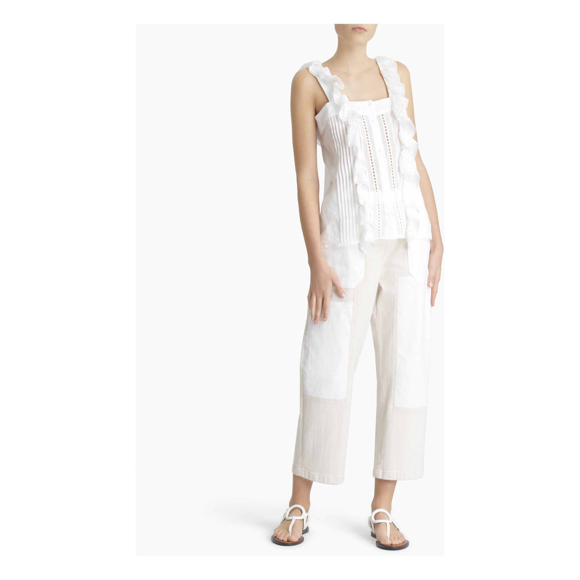 See by Chloé - Top à volants et empiècement dentelle - Femme - Blanc