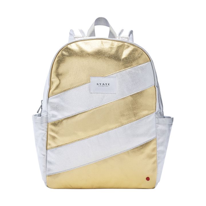 white and gold backpack