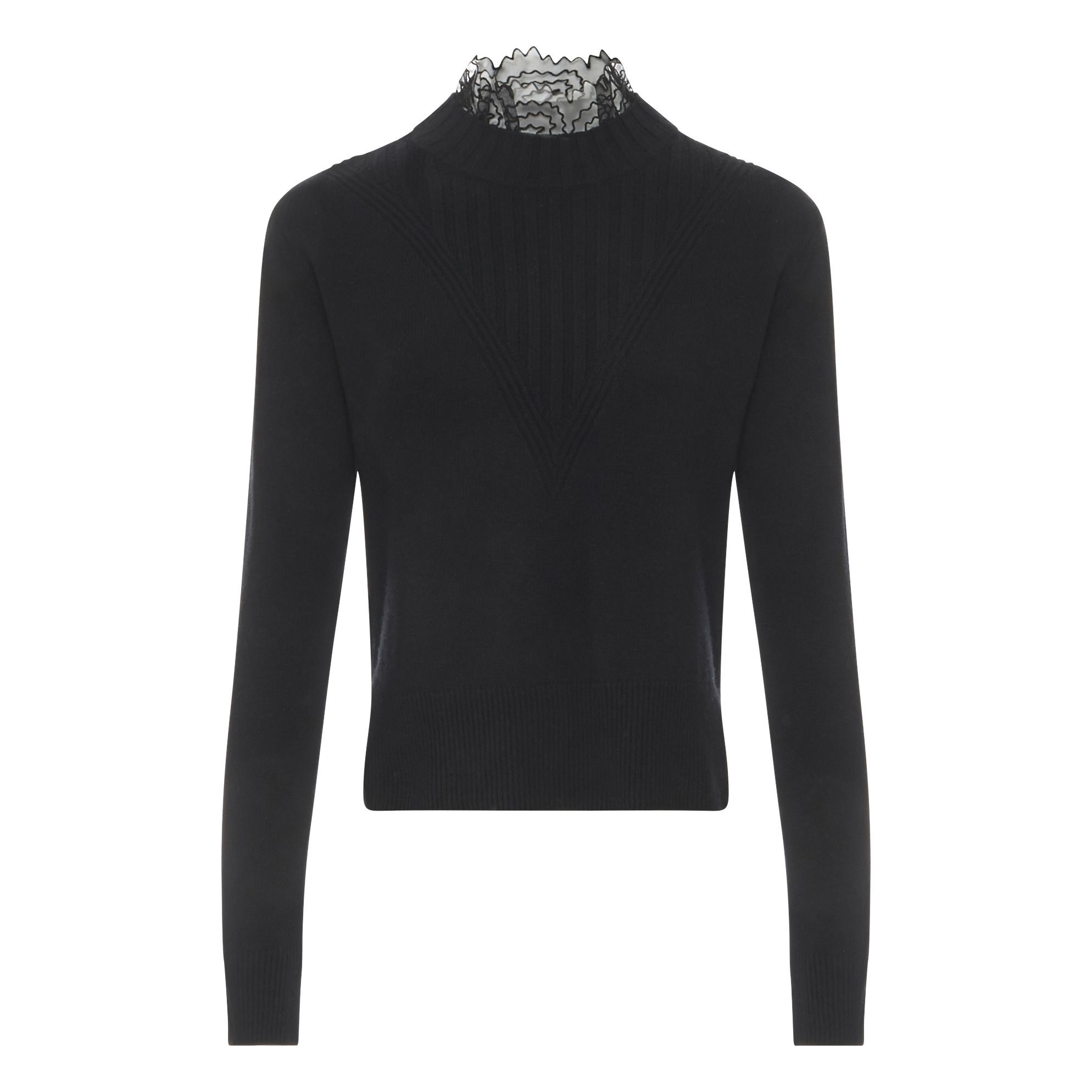black jumper with white collar