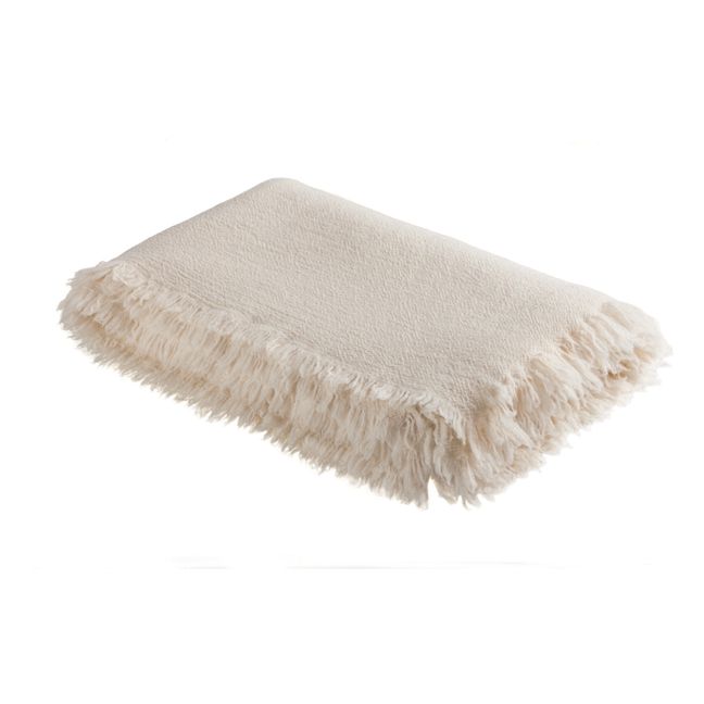 Plaid Vice Versa frangé en laine lavée  | Ecru